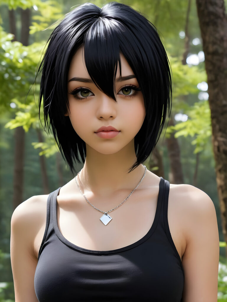 a (((photo))) featuring a (((teenage emo girl))) with sleek straight obsidian black hair and a toned physique, full lips, wearing a cropped silver tank top and a thin silver necklace, striking a seriously gorgeous front-facing pose against a truly stunningly detailed anime-style backdrop of a (spring forest), with her expression adding a touch of melancholy that completes the realistically authentic emo aesthetic