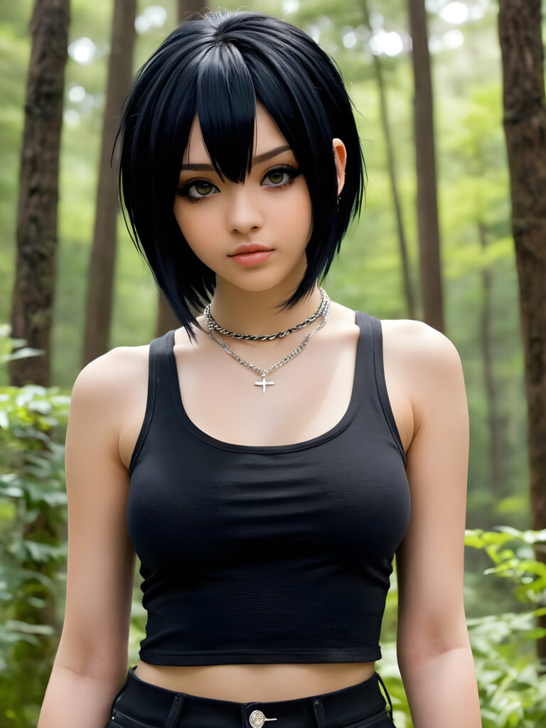 a (((photo))) featuring a (((teenage emo girl))) with sleek straight obsidian black hair and a toned physique, full lips, wearing a cropped silver tank top and a thin silver necklace, striking a seriously gorgeous front-facing pose against a truly stunningly detailed anime-style backdrop of a (spring forest), with her expression adding a touch of melancholy that completes the realistically authentic emo aesthetic