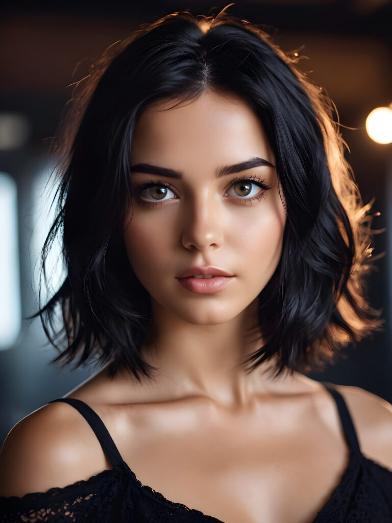 a portrait of a young, beautiful girl with shoulder-length black hair. Her eyes shine. She has flawless skin. A perfect face.