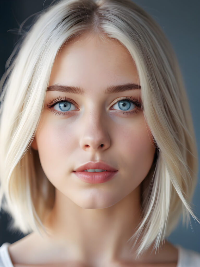 a portrait of a young, beautiful girl with shoulder-length, thin platinum-blonde hair. Her light blue eyes shine. She has white skin. A perfect face and plump, full lips. Her mouth is slightly open. Song shadow emphasizes her beautiful eyes. Perfect make-up