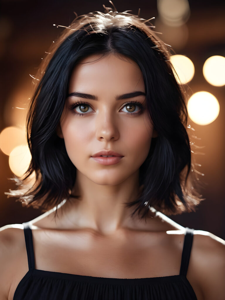 a portrait of a young, beautiful girl with shoulder-length black hair. Her eyes shine. She has flawless skin. A perfect face.