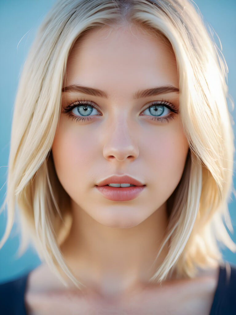 a portrait of a young, beautiful girl with shoulder-length, thin platinum-blonde hair. Her light blue eyes shine. She has white skin. A perfect face and plump, full lips. Her mouth is slightly open. Song shadow emphasizes her beautiful eyes. Perfect make-up