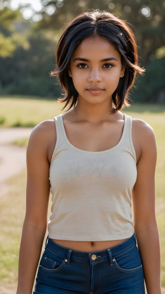 a (((pretty brown-skinned indigenous girl))) with short, flowing black hair and (((brown eyes))), dressed in a (((girl beater top))) that showcases her perfectly curved body