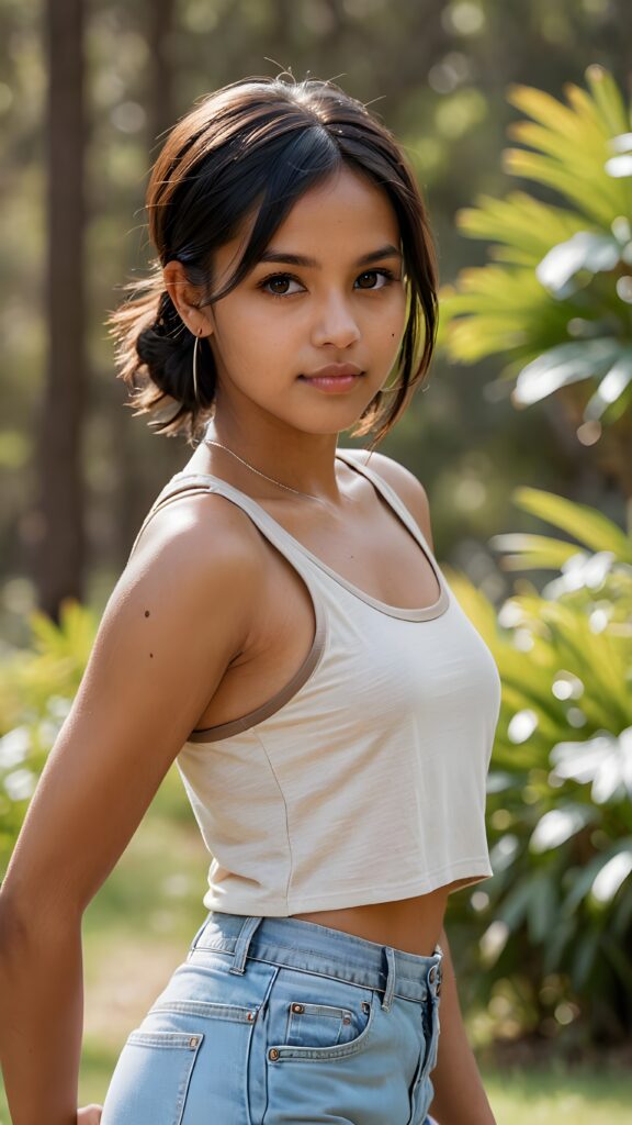 a (((pretty brown-skinned indigenous girl))) with short, flowing black hair and (((brown eyes))), dressed in a (((girl beater top))) that showcases her perfectly curved body