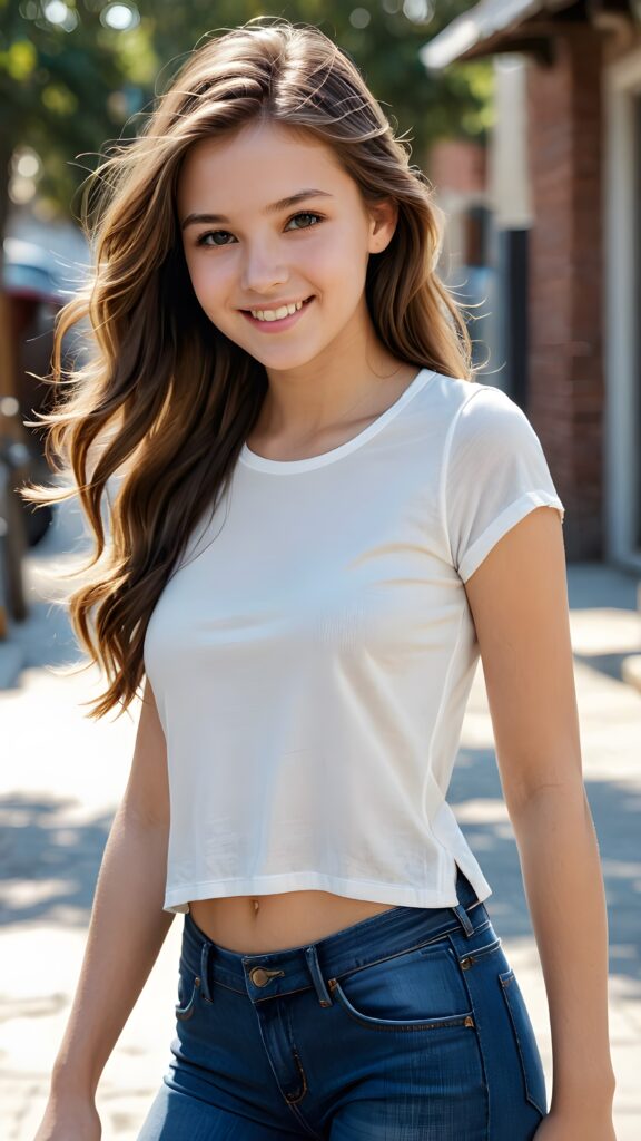 a (((realistic and detailed full-body photograph))), capturing a (16-year-old girl) with sleek, skinny jeans and a (short, cropped white top), long, flowing, wavy hair that frames her face perfectly, with a fit and toned physique that exudes health and vitality. Her expression is striking, with a warm, inviting smile that draws the viewer in
