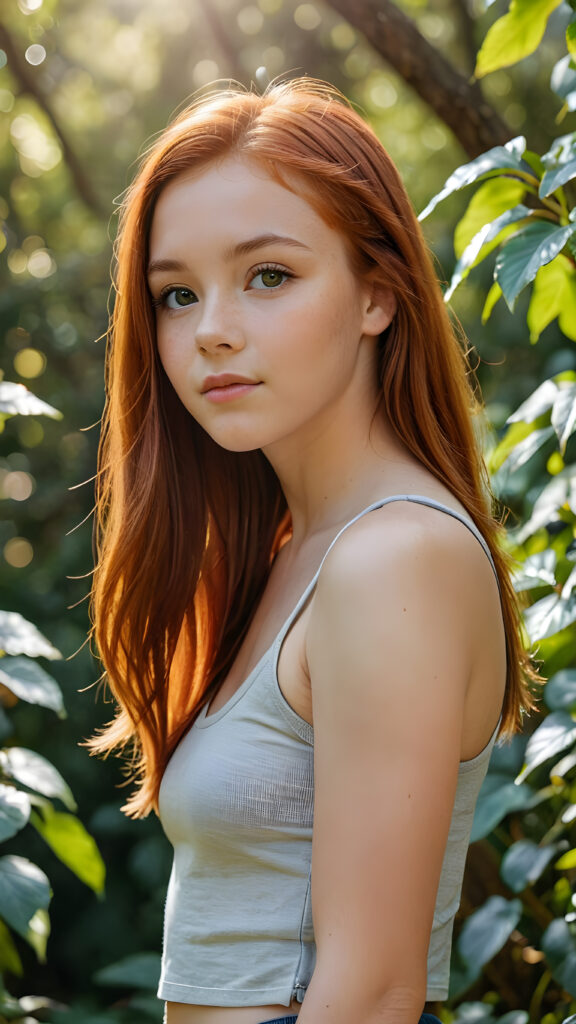 a (((realistic and detailed))) young (((beautiful teen girl with soft straight red hair))), perfect curved body, wears a tank top, engaged in a serene moment while standing through a sunny landscape full of vibrant foliage and a (softly detailed environment) ((stunning)) ((gorgeous))