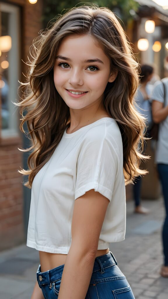 a (((realistic and detailed full-body photograph))), capturing a (16-year-old girl) with sleek, skinny jeans and a (short, cropped white top), long, flowing, wavy hair that frames her face perfectly, with a fit and toned physique that exudes health and vitality. Her expression is striking, with a warm, inviting smile that draws the viewer in