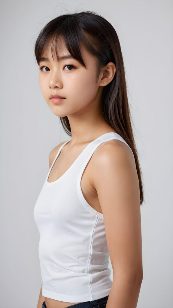 a realistic, Asian teen girl, 13 years old, straight hair, bangs cut, perfect curved body, (wears a super short tight (white crop tank top)), perfect anatomy, white background, side perspective ((realistic)) ((stunning)) ((gorgeous)) ((hight resolution))