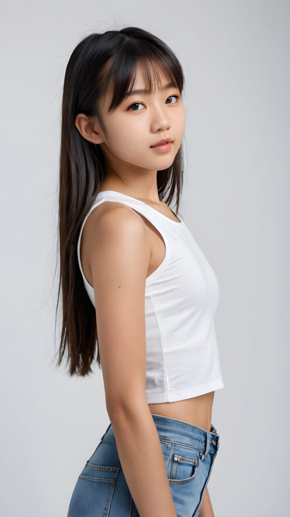 a realistic, Asian teen girl, 13 years old, straight hair, bangs cut, perfect curved body, (wears a super short tight (white crop tank top)), perfect anatomy, white background, side perspective ((realistic)) ((stunning)) ((gorgeous)) ((hight resolution))