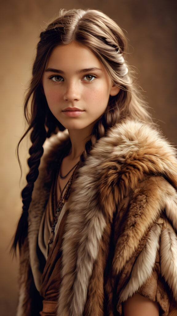 a realistic and detailed pencil drawing of a young teen girl from the period 20000 BC, straight messy hair, wears clothes made of animal fur and skin ((stunning)) ((gorgeous)) ((full body)) ((empty background))