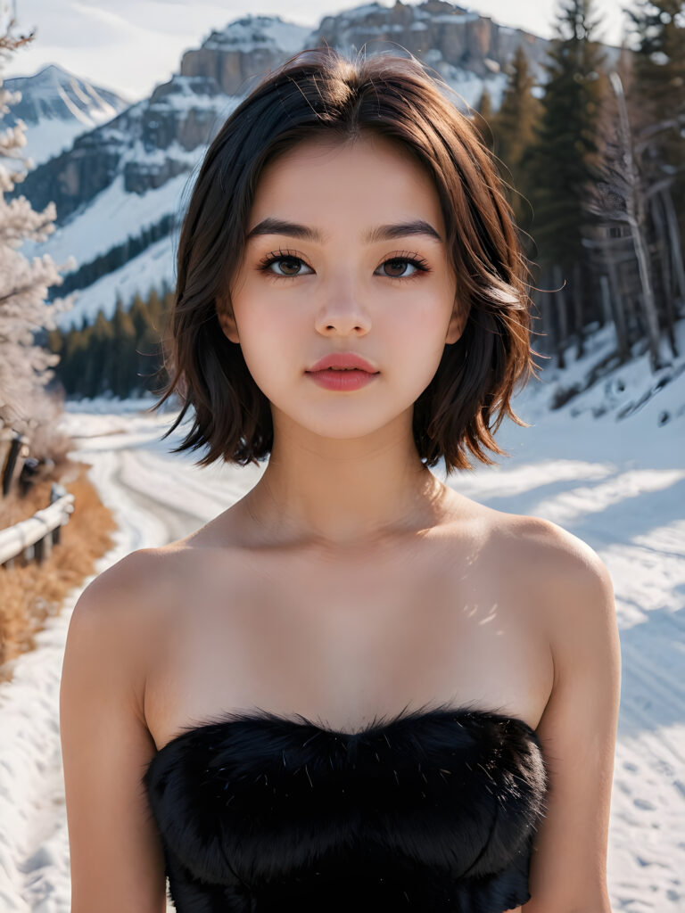 a realistic and detailed portrait of teen model girl, 16 years old, in a plunge neck ((short crop tank top)), perfect curved fit body, ((tattered short pants)), ((angelic round face)), ((white soft long straight hair)) ((icy and snow-covered landscape in backdrop)), ((side view))