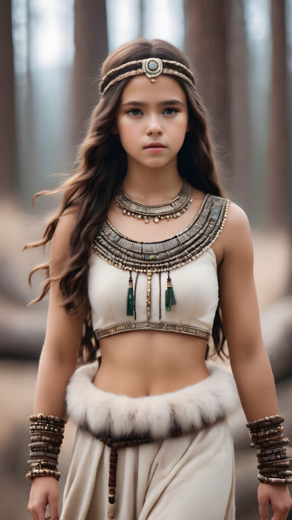 a realistic and detailed portrait of a young teen girl from the period 20000 BC, wears thin clothes made of animal fur and skin ((stunning)) ((gorgeous)) ((full body)) ((empty background))