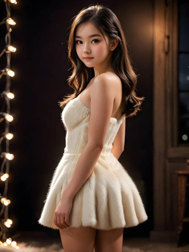 a realistic and detailed portrait of teen girl in a short cut fur dress, perfect curved fit body, black soft long straight hair ((firelight in backdrop))