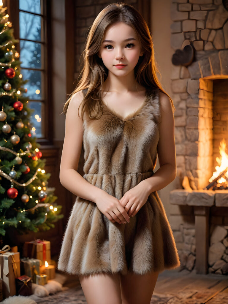 a realistic and detailed portrait of teen girl in a skinny and short fur dress, up to her thighs with no sleeves, her brown soft long hair shines in the firelight