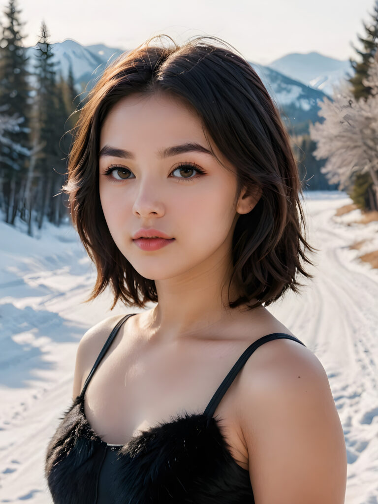 a realistic and detailed portrait of teen model girl, 16 years old, in a plunge neck ((short crop tank top)), perfect curved fit body, ((tattered short pants)), ((angelic round face)), ((white soft long straight hair)) ((icy and snow-covered landscape in backdrop)), ((side view))
