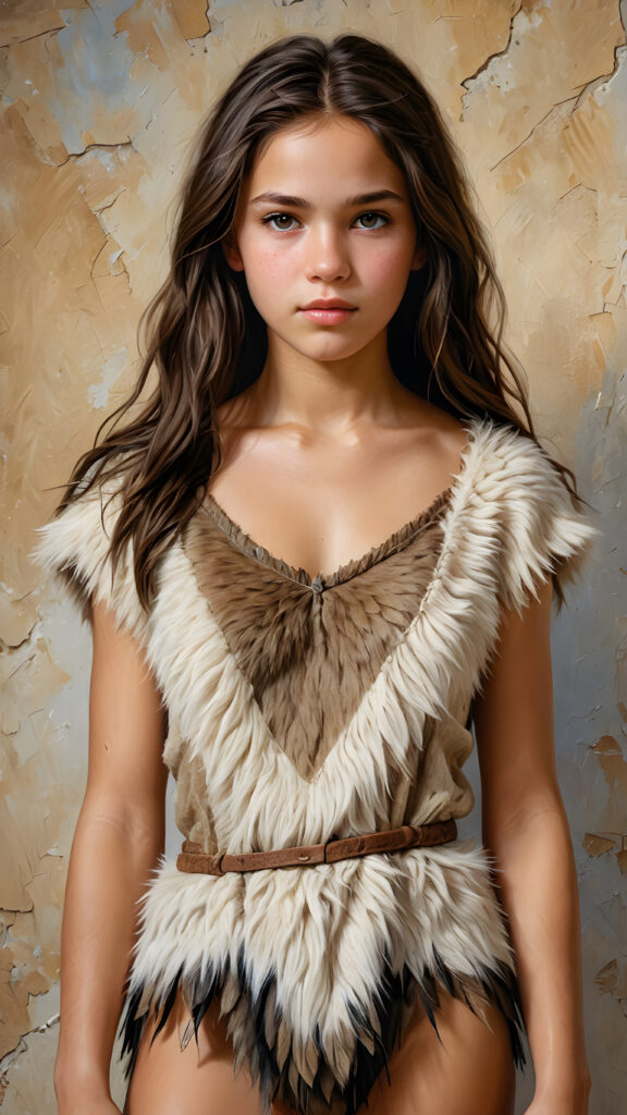 a realistic and detailed portrait of a young teen girl from the period 20000 BC, wears thin clothes made of animal fur and skin ((stunning)) ((gorgeous)) ((full body)) ((empty background))