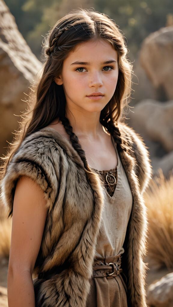 a realistic and detailed pencil drawing of a young teen girl from the period 20000 BC, straight messy hair, wears clothes made of animal fur and skin ((stunning)) ((gorgeous)) ((full body)) ((empty background))