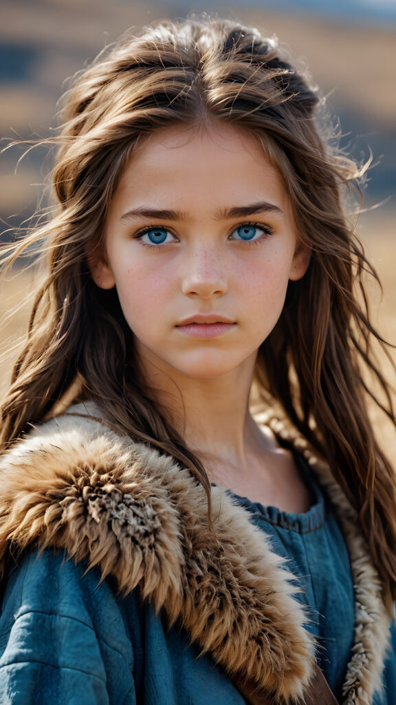 a realistic and detailed photograph of a young teen girl from the period 20000 BC, straight messy hair, blue eyes, wears clothes made of animal fur and skin ((stunning)) ((gorgeous)) ((full body)) ((empty background))