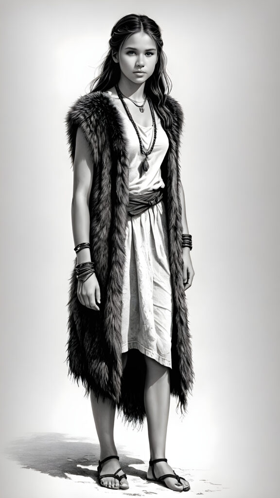 a realistic and detailed pencil drawing of a young teen girl from the period 20000 BC, straight messy hair, blue eyes, wears clothes made of animal fur and skin ((stunning)) ((gorgeous)) ((full body)) ((empty background))