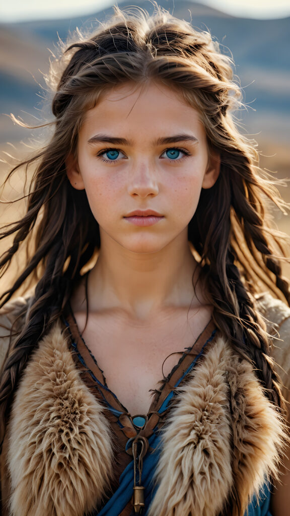 a realistic and detailed photograph of a young teen girl from the period 20000 BC, straight messy hair, blue eyes, wears clothes made of animal fur and skin ((stunning)) ((gorgeous)) ((full body)) ((empty background))