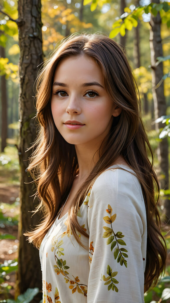 a (((realistic and detailed))) painting of a (((beautiful teenage girl with long brown hair))), engaged in a serene moment while standing through a sunny, wooded landscape full of vibrant foliage and a (softly detailed environment)