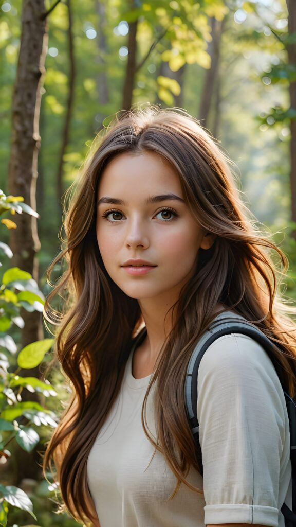 a (((realistic and detailed))) painting of a (((beautiful girl with long brown hair))), engaged in a serene moment while hiking through a sunny, wooded landscape full of vibrant foliage and a (softly detailed environment)