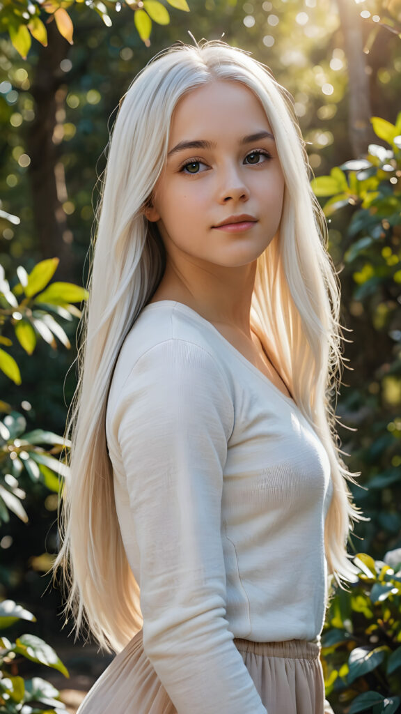 a (((realistic and detailed))) painting of a young (((beautiful teen girl with long soft straight white hair))), perfect curved body, engaged in a serene moment while standing through a sunny landscape full of vibrant foliage and a (softly detailed environment) ((stunning)) ((gorgeous))