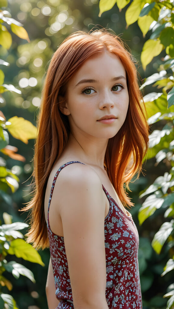 a (((realistic and detailed))) young (((beautiful teen girl with soft straight red hair))), perfect curved body, wears a tank top, engaged in a serene moment while standing through a sunny landscape full of vibrant foliage and a (softly detailed environment) ((stunning)) ((gorgeous))