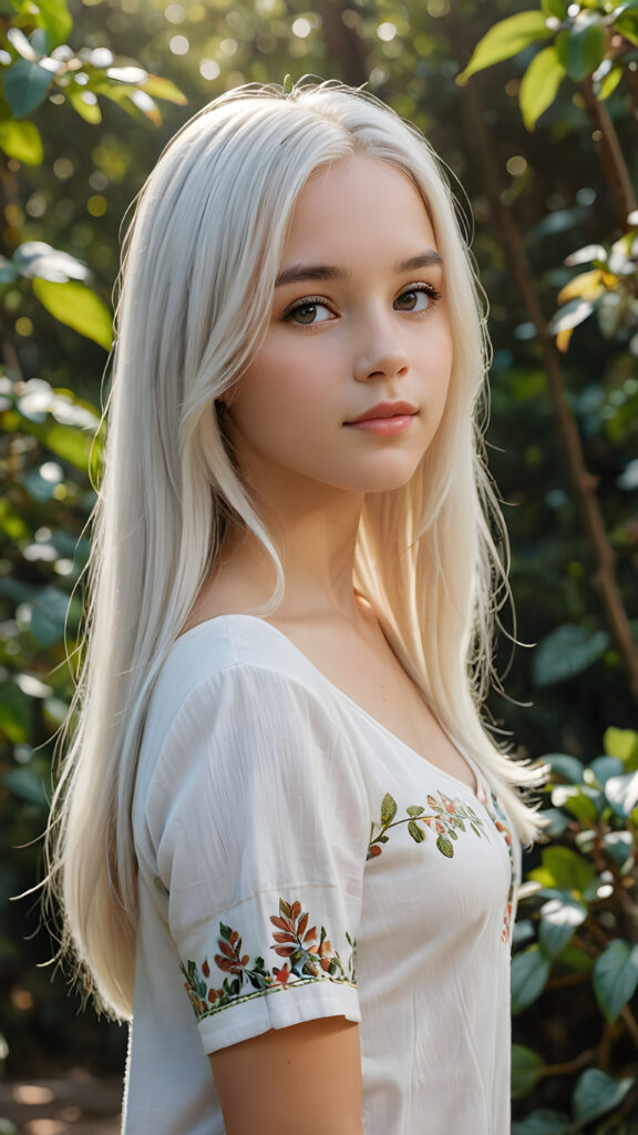 a (((realistic and detailed))) painting of a young (((beautiful teen girl with long soft straight white hair))), perfect curved body, engaged in a serene moment while standing through a sunny landscape full of vibrant foliage and a (softly detailed environment) ((stunning)) ((gorgeous))