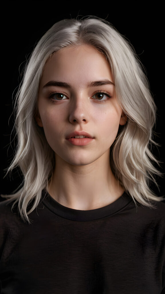 a realistic teen girl with pale grey hair, wears a brown t-shirt, dark black background, looks sleepily into the camera and has his mouth slightly open. She has full lips. Perfect curtved body.
