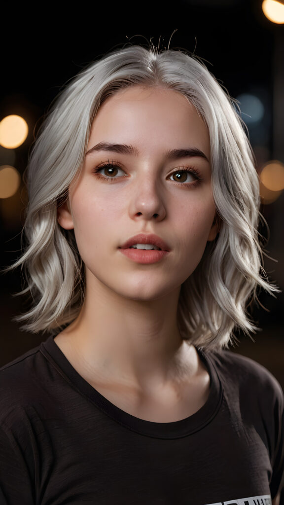 a realistic teen girl with pale grey hair, wears a brown t-shirt, dark black background, looks sleepily into the camera and has his mouth slightly open. She has full lips. Perfect curtved body.