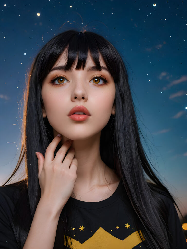 a (((realistically drawn teen emo girl with long, soft black straight hair framing her face in classic bangs and amber eyes looking surprised))), caught in a (((passionate full-lipped kiss)))) with a (((starry night sky))) serving as the backdrop ((side view))