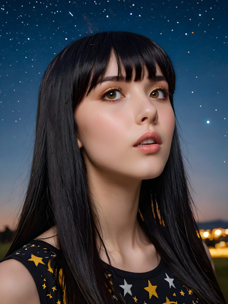 a (((realistically drawn teen emo girl with long, soft black straight hair framing her face in classic bangs and amber eyes looking surprised))), caught in a (((passionate full-lipped kiss)))) with a (((starry night sky))) serving as the backdrop ((side view))
