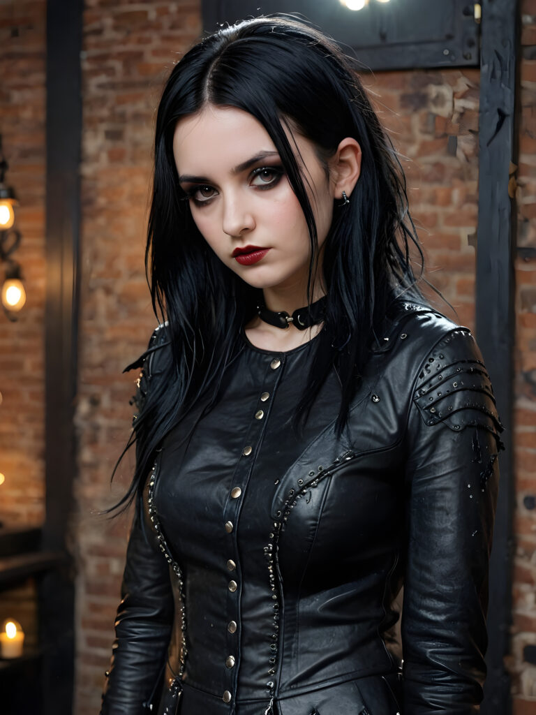 a (((sad and tired young goth woman))) with long obsidian hair, dressed in a (((black, distressed short leather party outfit))), symbolizing melancholy and disillusionment