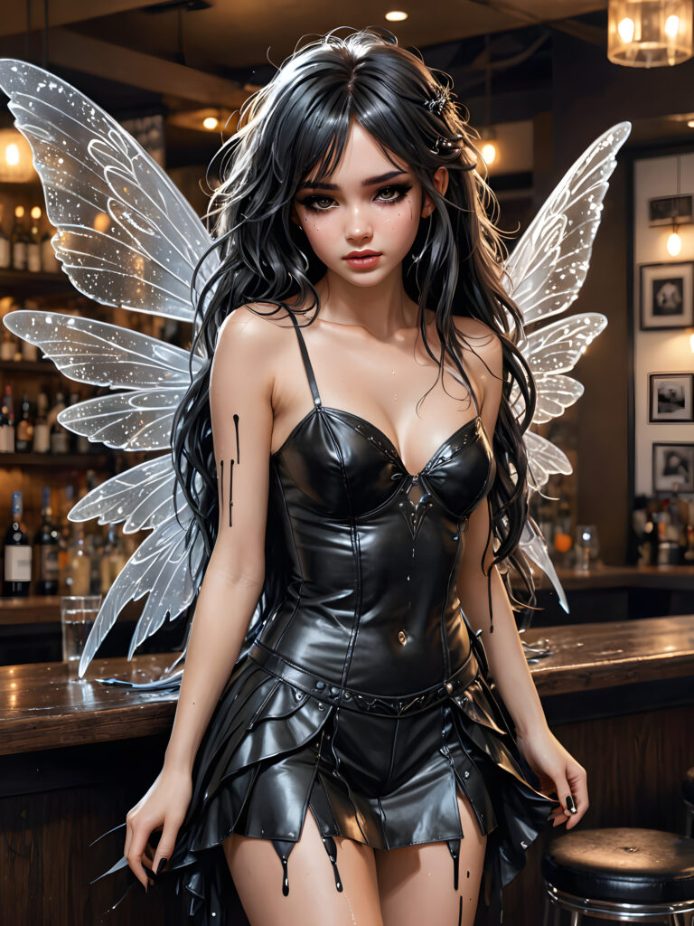 a (((sad and tired))), ((crying fairy girl)) with large transparent (floppy wings), long messy hair, dressed in a ((black, rock-themed leather party outfit)) melancholic pose at a ((modern, urban bar)), (((tears running on her cheeks))), (((messy makeup)))