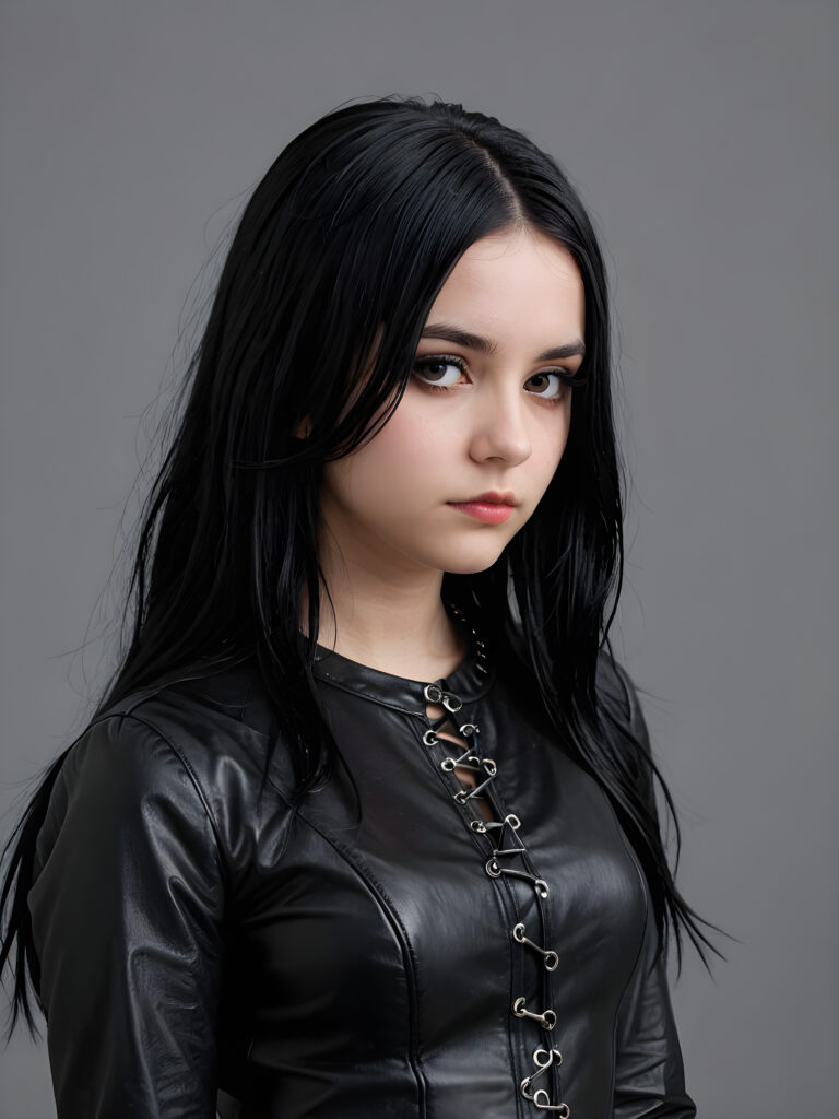 a thoughtful (((sad and tired young goth teen girl))) with soft obsidian black hair, (((short leather outfit))), contrasting against a (((gray, drab backdrop))), suggesting melancholy and disillusionment
