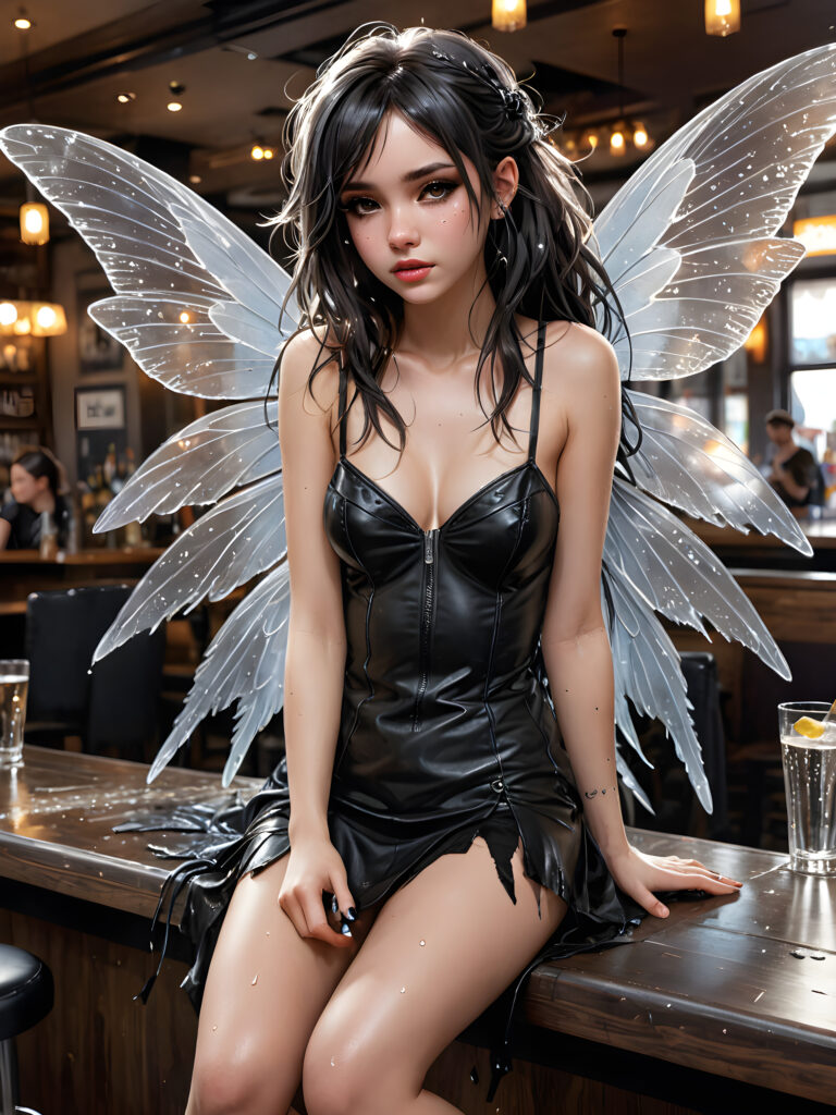 a (((sad and tired))), ((crying fairy girl)) with large transparent (floppy wings), long messy hair, dressed in a ((black, rock-themed leather party outfit)) melancholic pose at a ((modern, urban bar)), (((tears running on her cheeks))), (((messy makeup)))