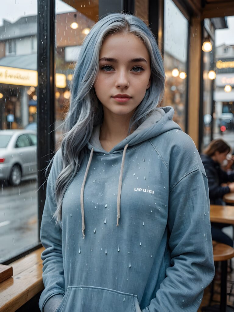 a sadly teen girl with long fluttering silver-blue hair and silver eyes, wearing an baggy grey hoodie and denim blue jeans, in a coffee shop, leaning against the shop window, overlooking the street, covered in rain, dynamic lighting, 4k, ultra resolution, sharp edges, ((realistic, detailed portrait))