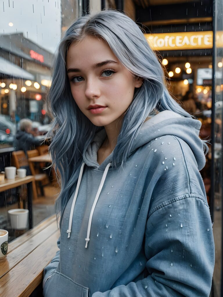a sadly teen girl with long fluttering silver-blue hair and silver eyes, wearing an baggy grey hoodie and denim blue jeans, in a coffee shop, leaning against the shop window, overlooking the street, covered in rain, dynamic lighting, 4k, ultra resolution, sharp edges, ((realistic, detailed portrait))