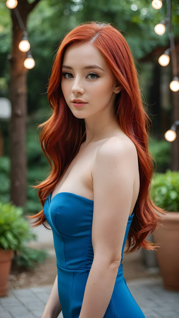 a (((sensual girl with red hair))), wearing a sleek, strapless, ((tight blue dress)), with her long locks flowing around her shoulders