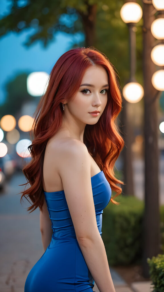 a (((sensual girl with red hair))), wearing a sleek, strapless, ((tight blue dress)), with her long locks flowing around her shoulders