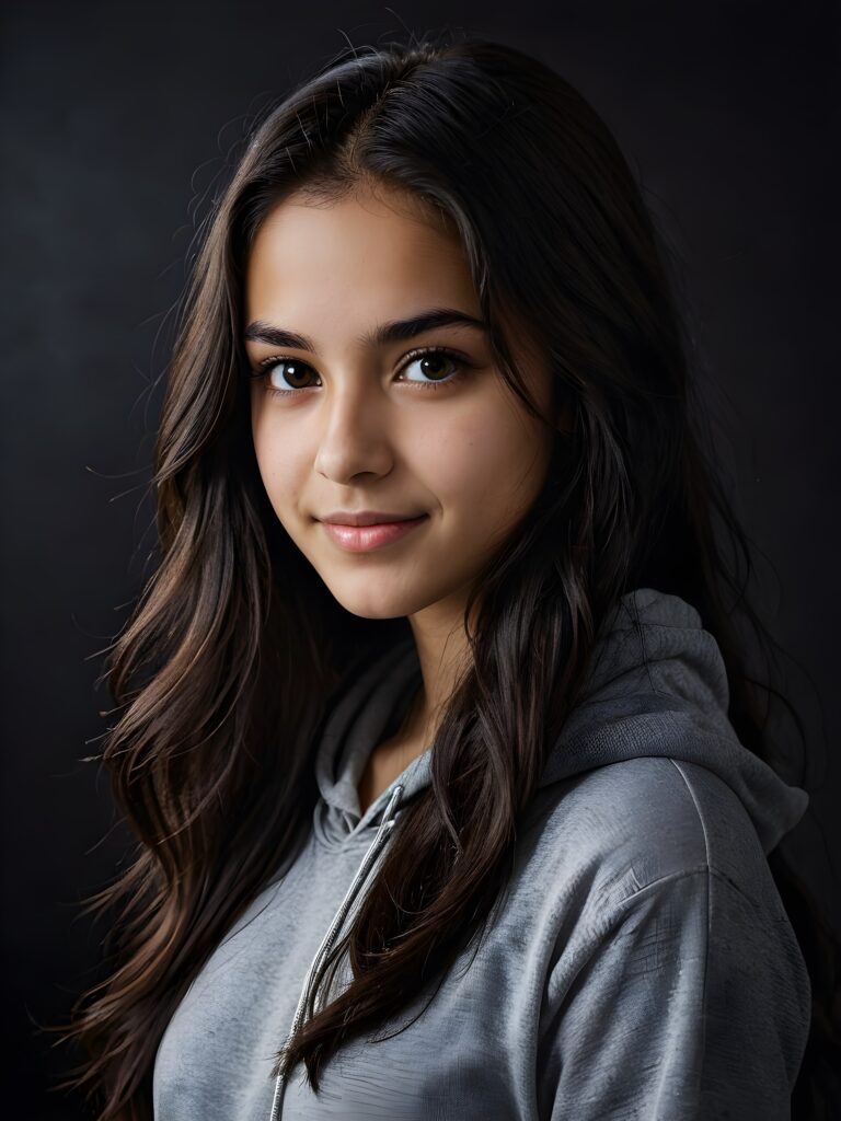 a silhouettea of a young beautiful cute Persian teen girl, 15 years old, dimmed light falls on her face, she has long (((dark hair))) and dark eyes, ((angelic round face)), ((realistic, detailed portrait)), dark background, perfect shadown, she wears a grey hoodie, smile