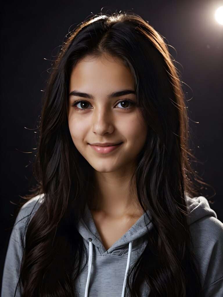 a silhouettea of a young beautiful cute Persian teen girl, 15 years old, dimmed light falls on her face, she has long (((dark hair))) and dark eyes, ((angelic round face)), ((realistic, detailed portrait)), dark background, perfect shadown, she wears a grey hoodie, smile
