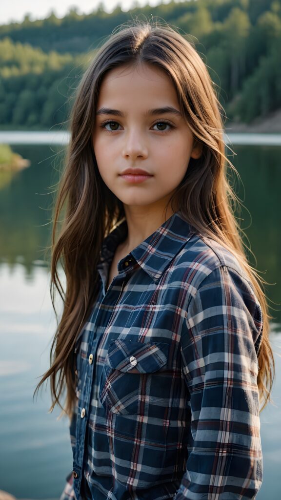 a small, young girl in a plaid shirt. She has long, straight hair and dark eyes. The picture is very detailed. Full lips and an angelic face. A lake can be seen in the background.