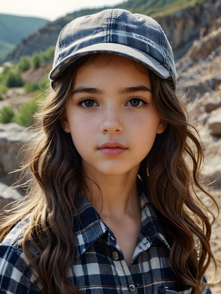 a small, young girl in a plaid shirt. She has long, wavy hair and dark eyes. She is wearing a cap. The picture is very detailed. Full lips and an angelic face. A quarry can be seen in the background.