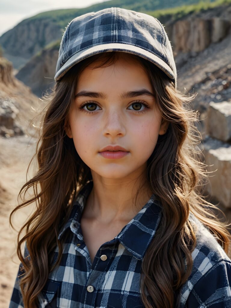 a small, young girl in a plaid shirt. She has long, wavy hair and dark eyes. She is wearing a cap. The picture is very detailed. Full lips and an angelic face. A quarry can be seen in the background.