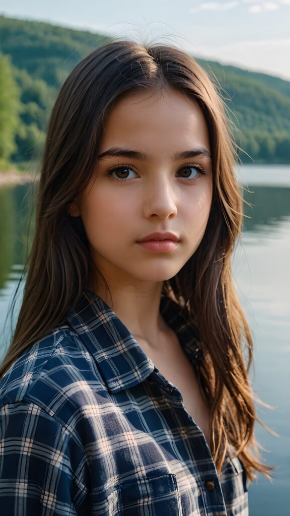 a small, young girl in a plaid shirt. She has long, straight hair and dark eyes. The picture is very detailed. Full lips and an angelic face. A lake can be seen in the background.
