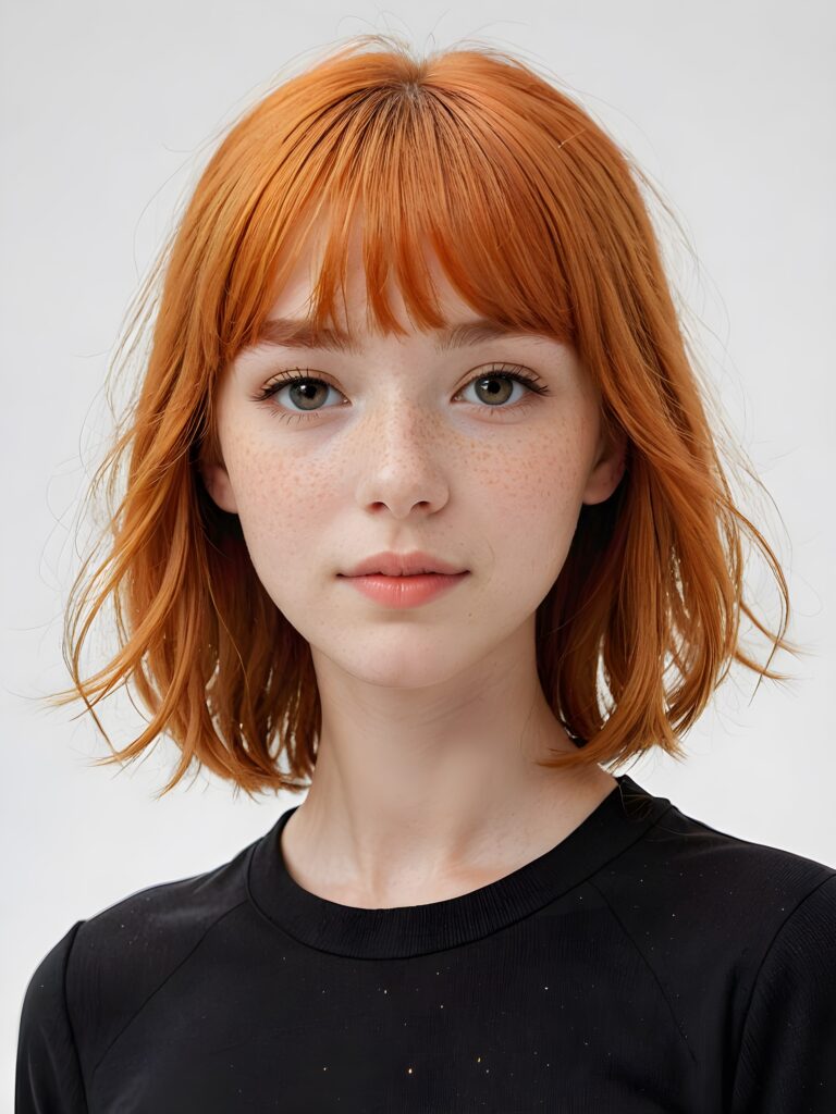 a (((softly beautiful young teen girl))), with skin that radiates a natural glow and intricate details like freckles and imperfections, ((straight soft orange hair in bangs cut)), dressed in a ((simple black outfit)) that complements her complexion ((white background))