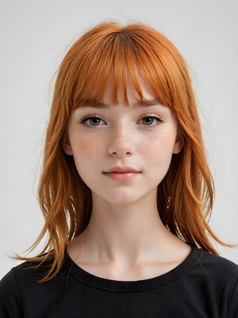 a (((softly beautiful young teen girl))), with skin that radiates a natural glow and intricate details like freckles and imperfections, ((straight soft orange hair in bangs cut)), dressed in a ((simple black outfit)) that complements her complexion ((white background))