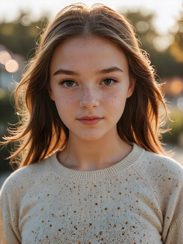 a (((softly beautiful young teen girl))), with skin that radiates a natural glow and intricate details like freckles and imperfections, dressed in a ((simple, warm-toned outfit)) that complements her complexion with a perfect curved body